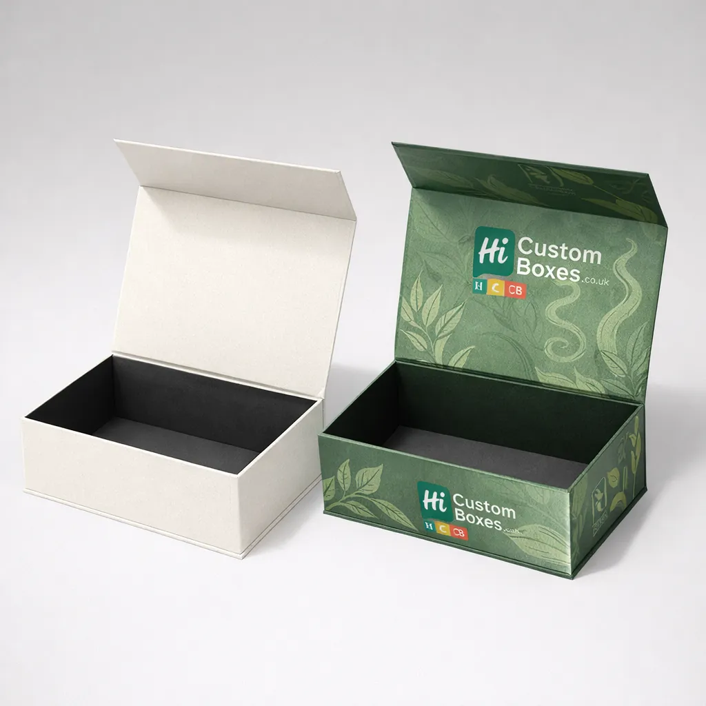 Premium magnetic closure boxes with black interiors, shown in plain cream and patterned dark green. class=